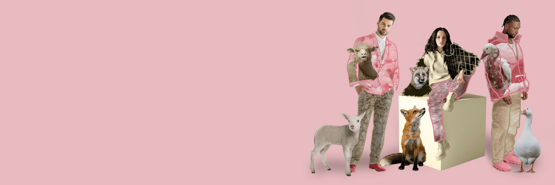 Symbolic image of people with different animals used for clothing materials for the Wear it Kind Directory