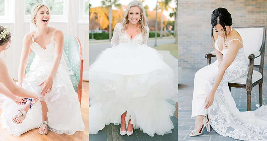 Collage of Real Brides Wearing Wedding Dresses by Maggie Sottero with Matching Wedding Shoes