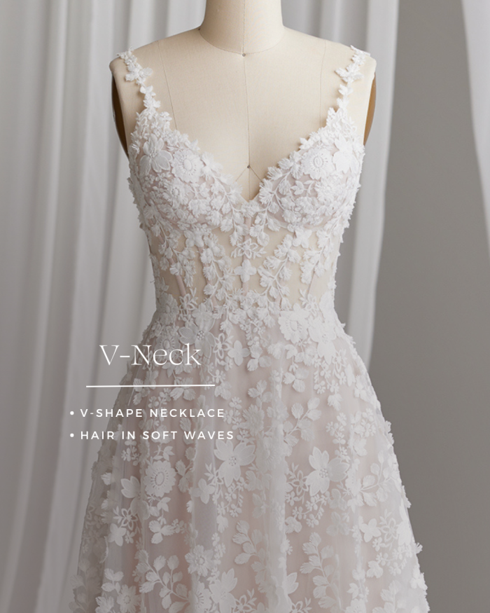 Instructions about how to accessorize a V-neckline on Ladonna by Maggie Sottero