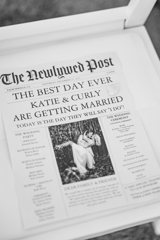 Newspaper at Katie and Curly's New Year's Eve wedding